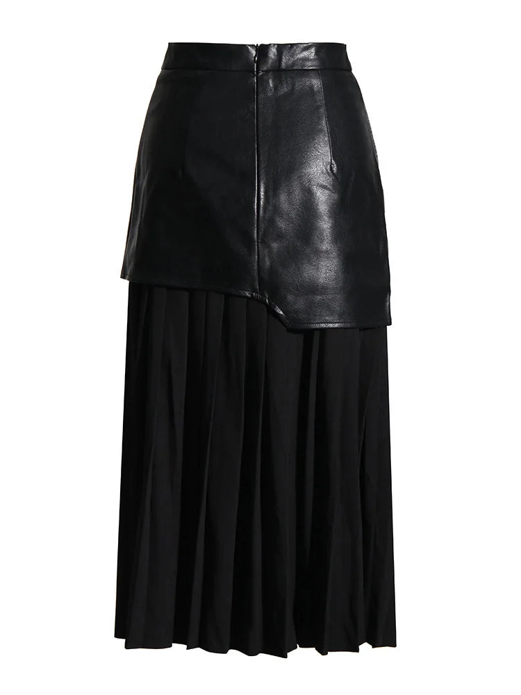 TWOTWINSTYLE Casual Patchwork Pu Skirt For Women High Waist Midi Folds Pleated Skirts Female 2022 Spring Fashion Clothing Style