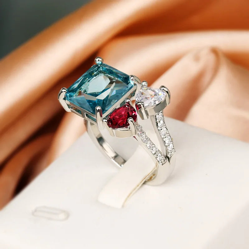 925 Sterling Silver Sterling Silver Geometric Design Blue Red Premium Ring Fashion Banquet Wedding Ladies Light Luxury Jewelry