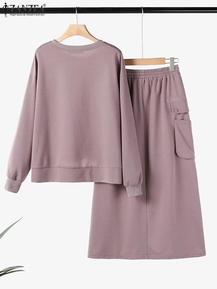 Autumn 2pcs Outfits Winter Stylish Women Sweatshirts Dress Sets 2025 ZANZEA Solid Matching Sets Long Sleeve Hoodies Sundress