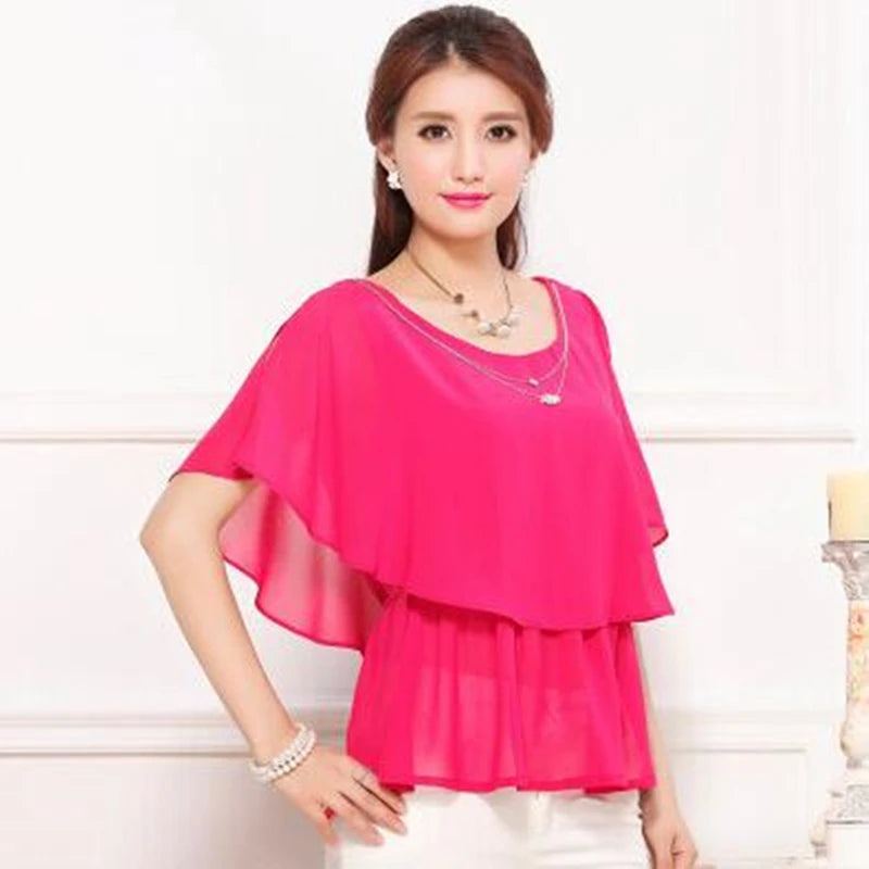 2025 Women Summer Tops Blouse Fashion Elegant Ruffle Batwing Sleeves Chiffon Shirt Loose Casual Clothing blusas mujer de moda