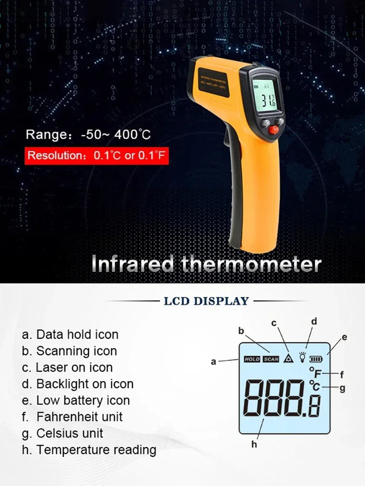 LCD Digital Laser Temperature  Meter Gun High-precision Infrared Thermometer -50~400°C Laser Positioning Non-contact Thermometer