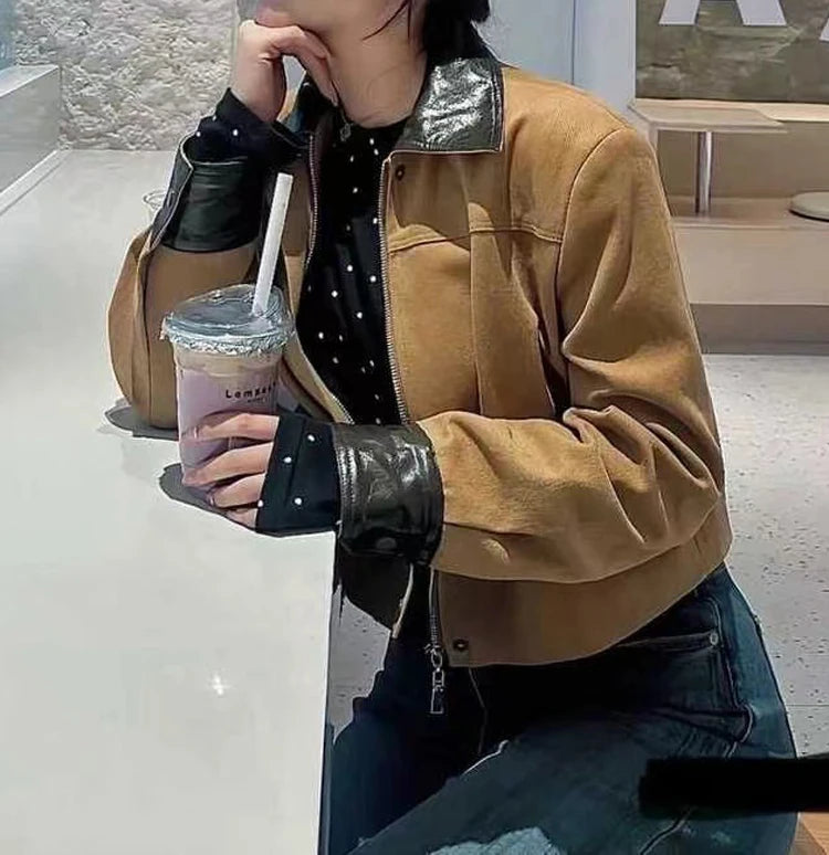 European Imported Suede Jacket Women 2025 Autumn Winter Branded New Contrasting Leather Coat Navy Blue Short Locomotive Casacos