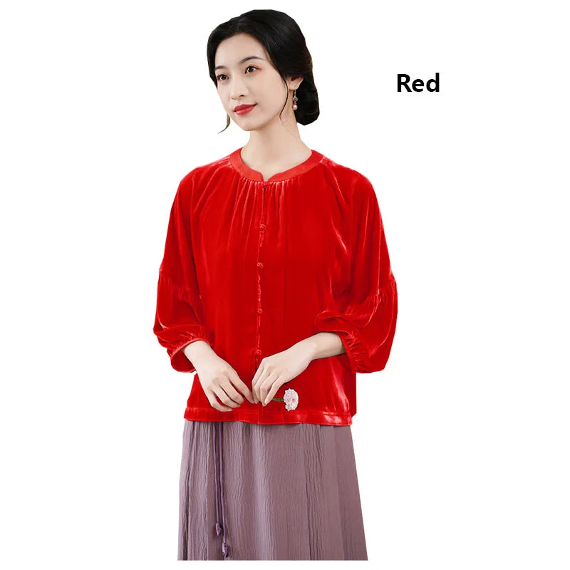 Silk Velvet Shirt for Women, Elegant Temperament Shirt, Mulberry Silk, Vintage Blouse, Violet Light, Comfortable, Spring Autumn