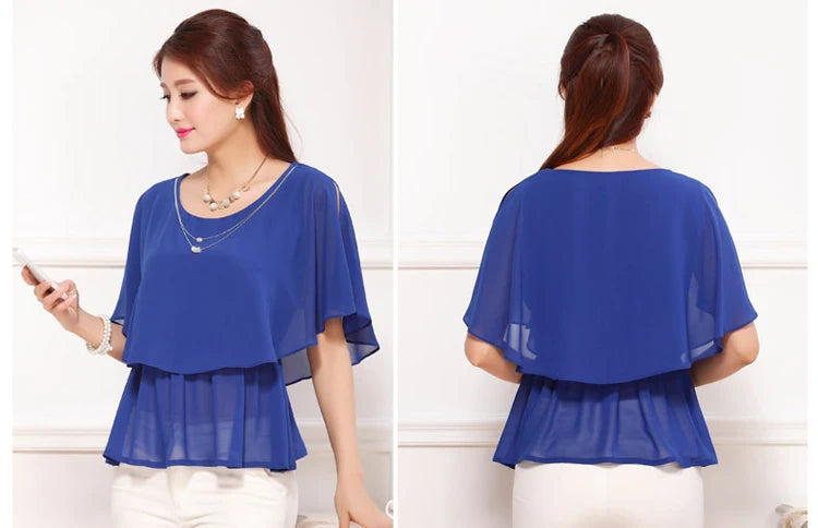 2025 Women Summer Tops Blouse Fashion Elegant Ruffle Batwing Sleeves Chiffon Shirt Loose Casual Clothing blusas mujer de moda