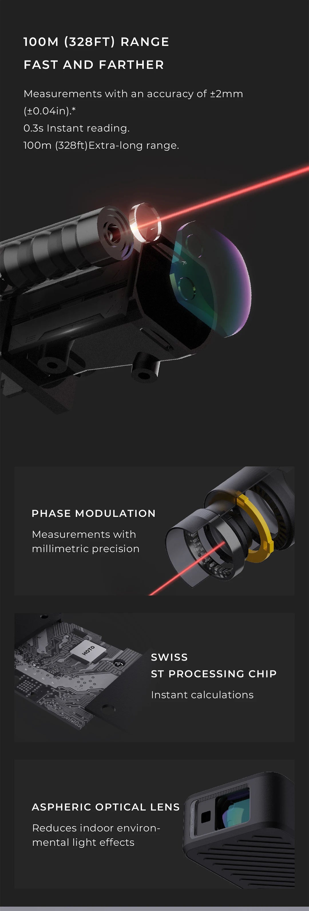 HOTO Laser Measure ECO 7 modes Measuring Distance 100M 2 Inch HD Display Laser Digital Tape Rangefinder