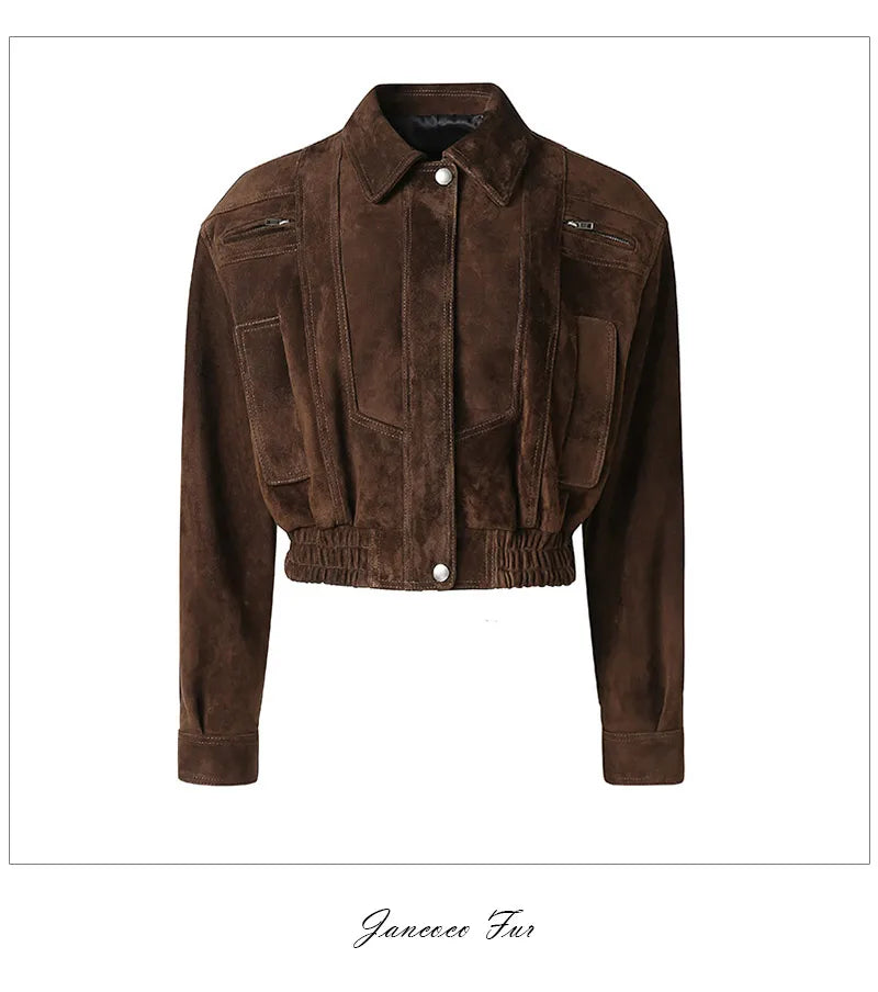 2025A Lady's Fashion Real Suede Jacket Genuine Goatskin Suede Bomber Jacket Oversize Leather Coat Women's Suit