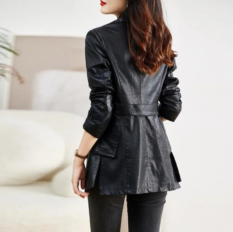 Turn-down Collar Genuine Leather Jacket Women Korean Fashion Slim Sheepskin Coat Black Real Leather jackets ladies Casual Blazer