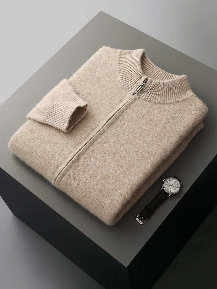 100% Merino Wool Two-piece Suit for Men Autumn Winter Knitting Zipper Cardigan and Slim-fit Pants Warm Thickened Clothing Sets