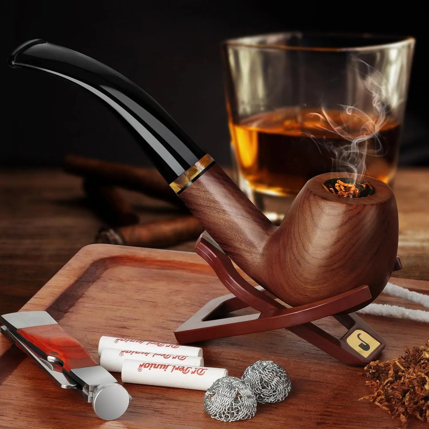 Tobacco Pipe Set Handmade Wood Smoking Pipe with Accessories and Gift Box
