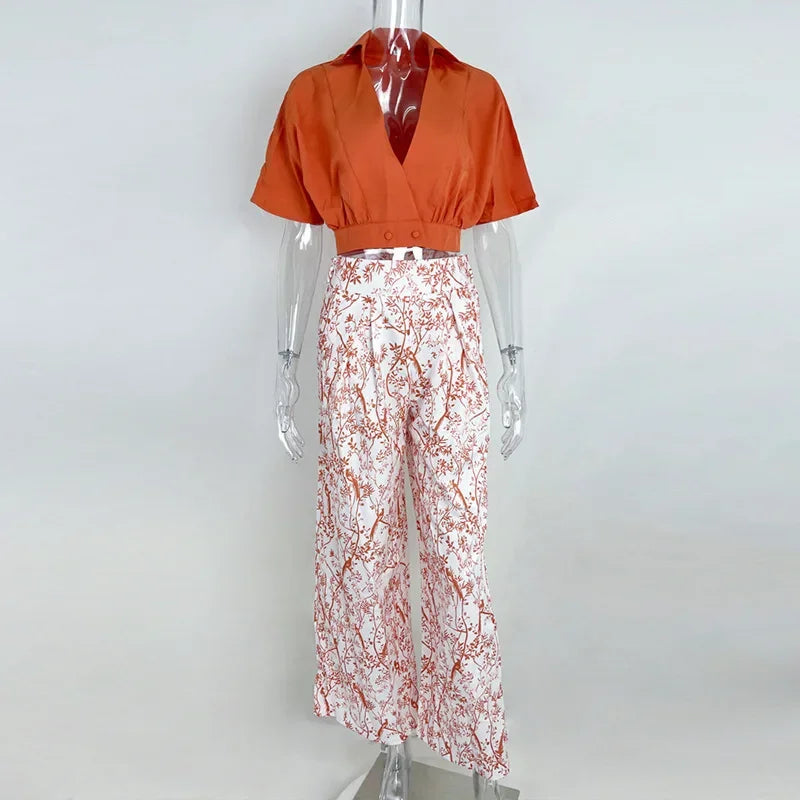 Pant Sets Summer New Bat Sleeve Print Shirt & Wide Leg Pants Two Piece Set for Women Fashion Women's Suit Chic and Elegant Set