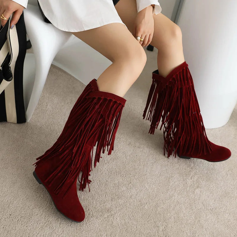 Boots 2025 autumn/winter women's boots casual fringe boots college style flat bottomed high top boots women's shoes