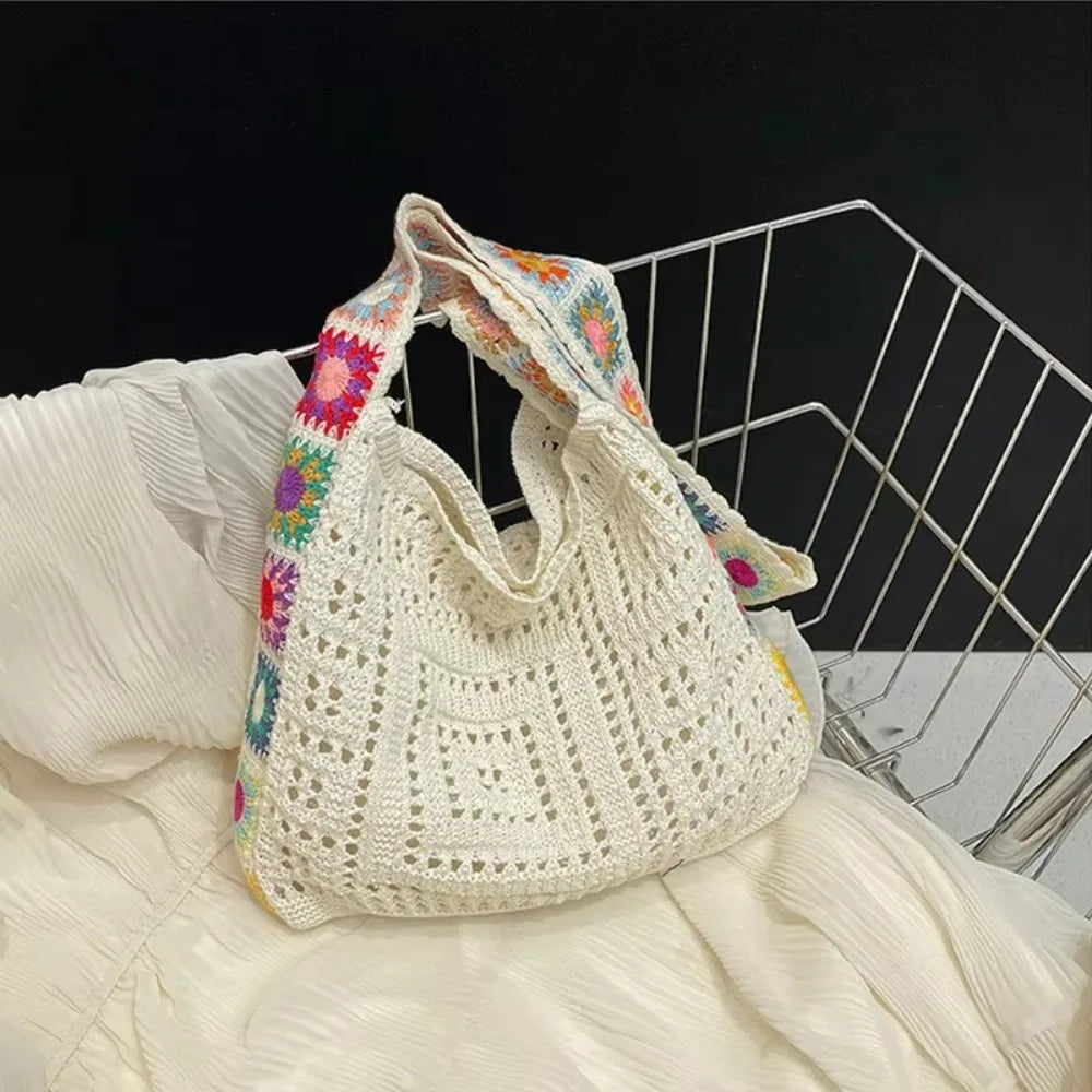 Fashion Large Capacity Women Shoulder Bag Floral Crochet Vintage Handbag Boho Hollow Out Knitted Crossbody Bags