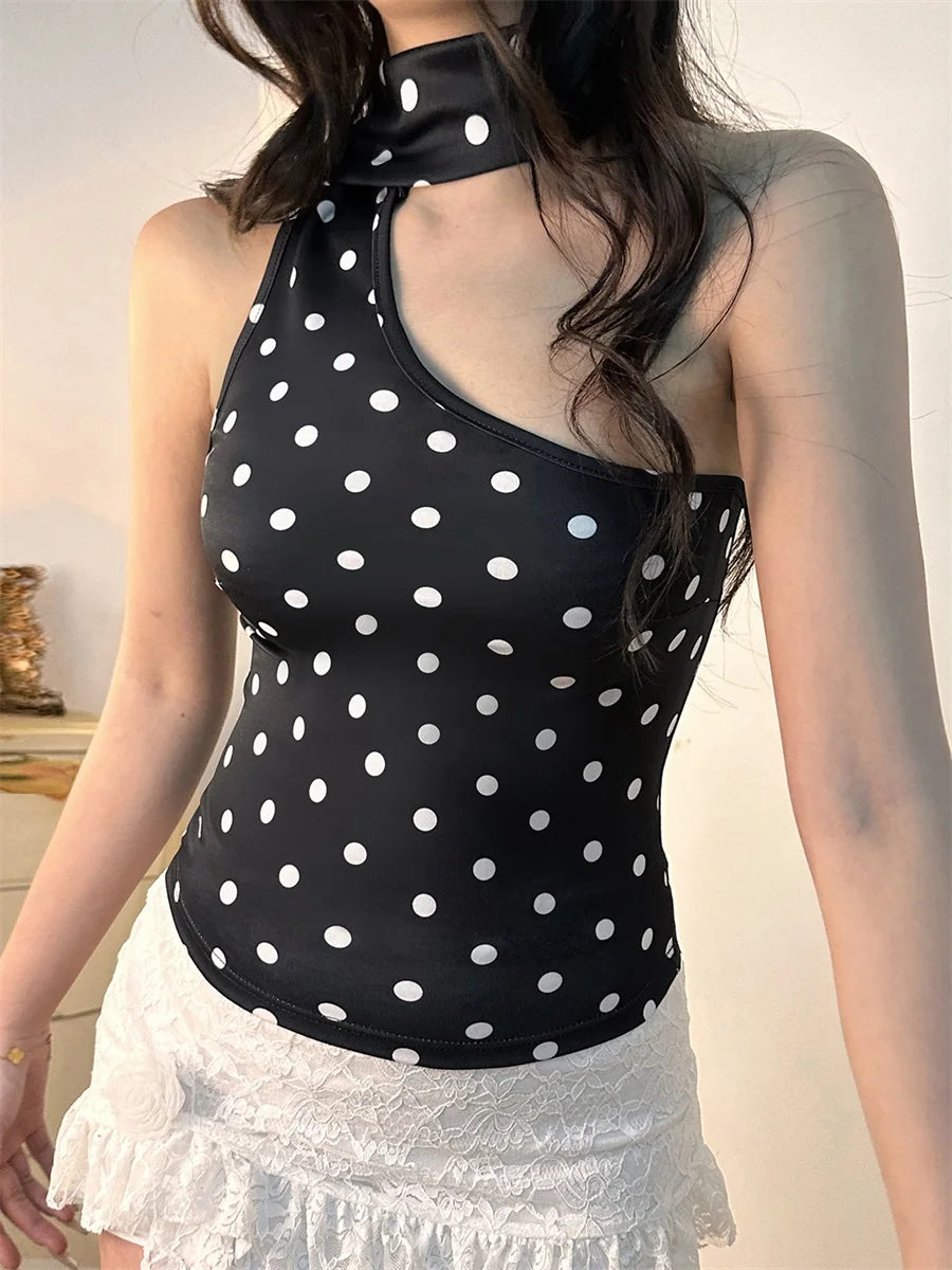 Women s Summer One Shoulder Tank Tops Sleeveless Open Back Halter Neck Dot Print Vest