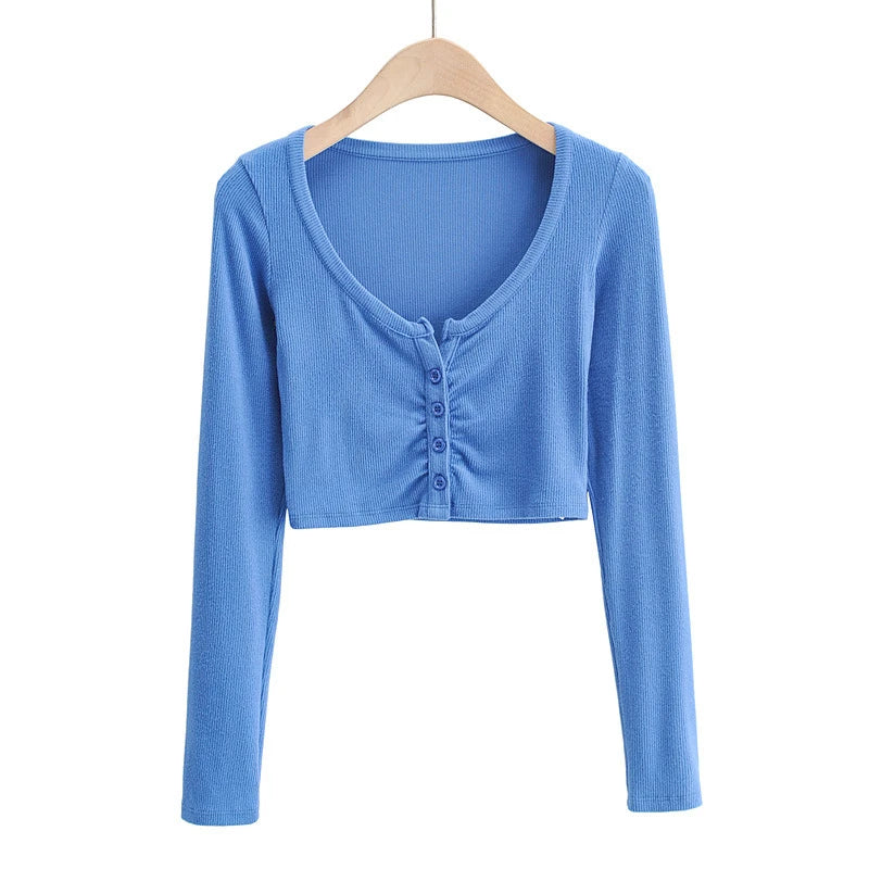 Summer Sexy Women Crop Tops Long Sleeve Tee Shirt Clubwear Buttons Solid T Shirt Women Black White Slim Tops