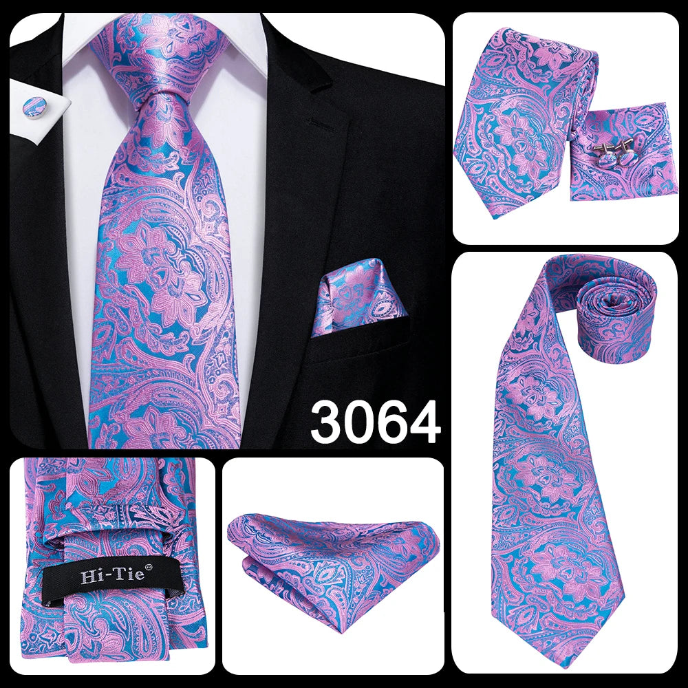 Hi-Tie Silk Men Tie Peach Pink Floral Wedding Necktie for Men Luxury Necktie Handkerchief Cufflink Fashion Design Business