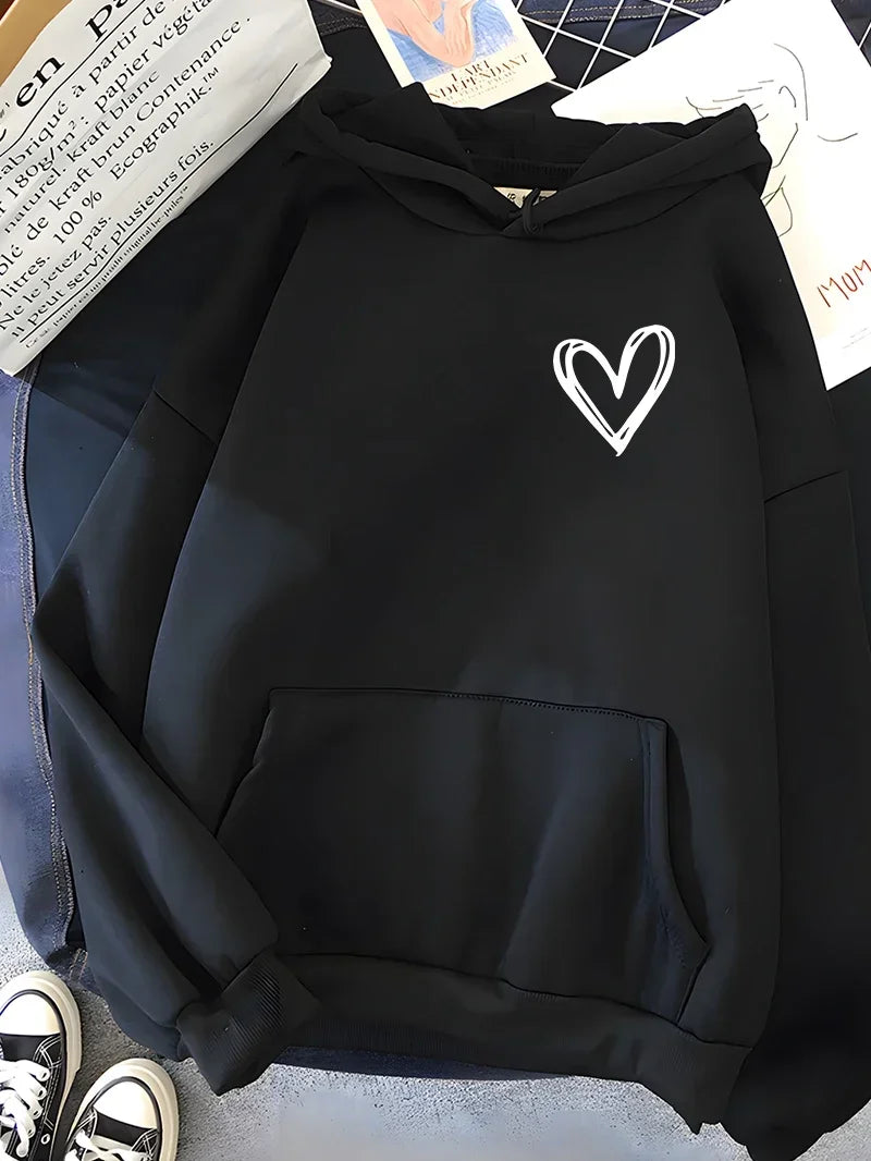 Hirsionsan Simplic Heart Print Women Sweatshirt Soft Casual Loose Vintage Female Hoodies 2025 Winter Warm Fleece Student Tops