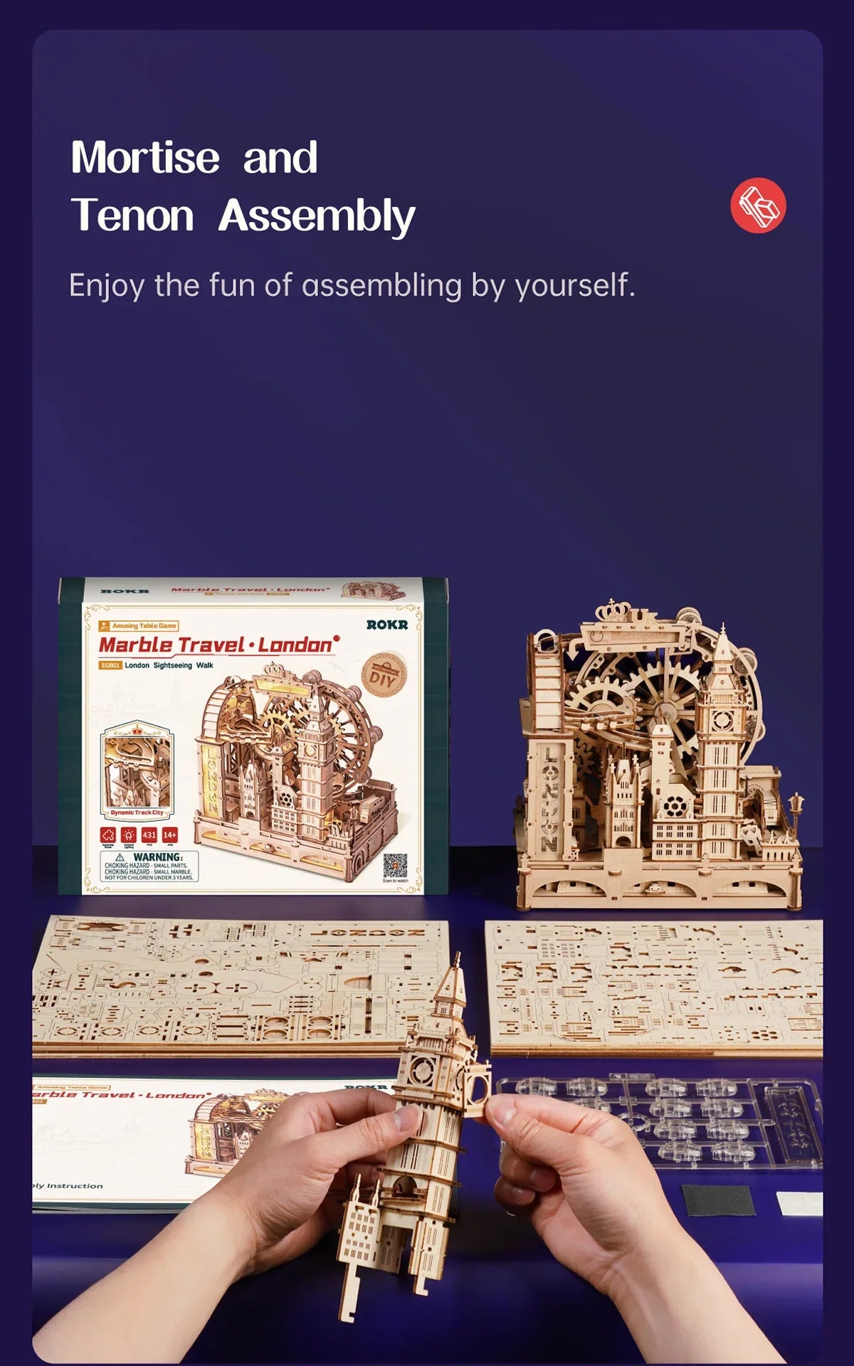 3D Wooden Puzzle Marble Run Building Kit London City Model with Lights Mechanical DIY Landmark Puzzle for Adults Teens