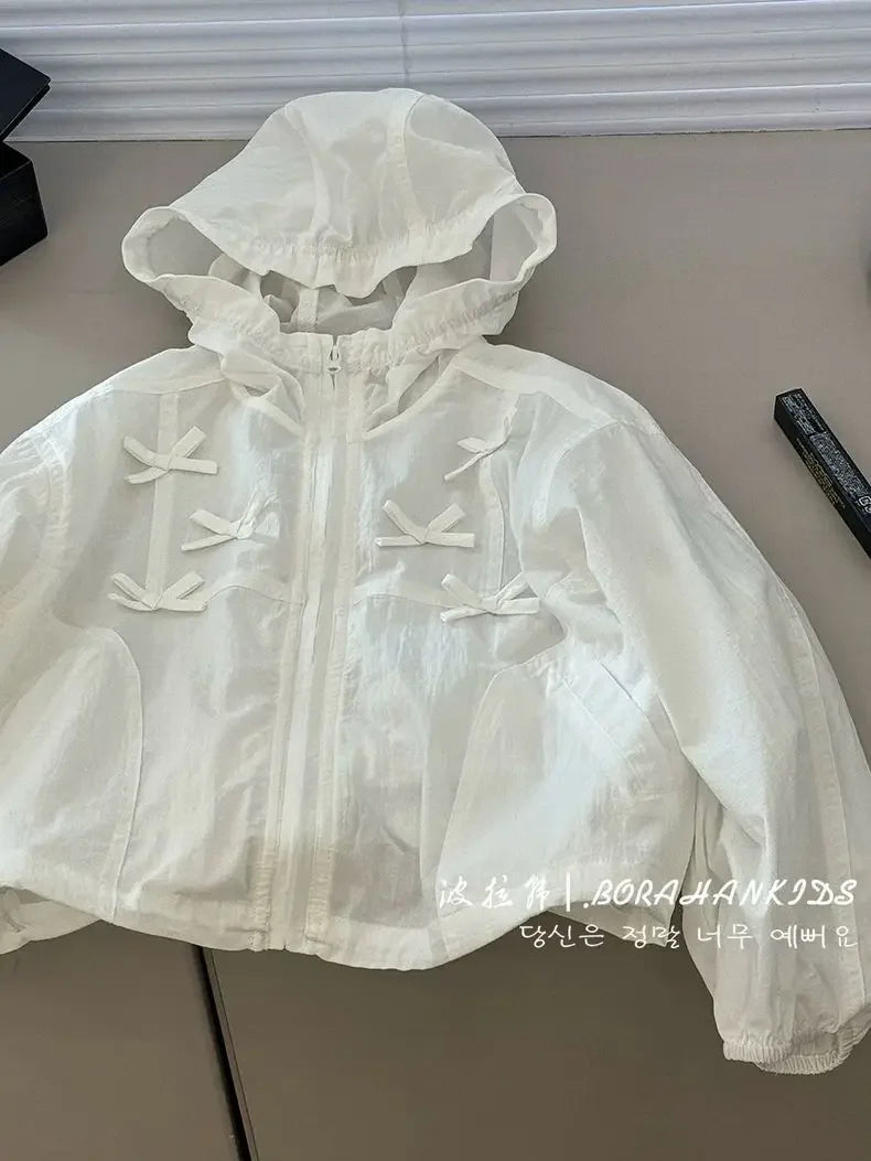 New Thin Bow Jacket for Junior Girls Spring Summer 2025 Children's Loose Sunscreen Clothing Teen Girl Outerwear Hooded White Top