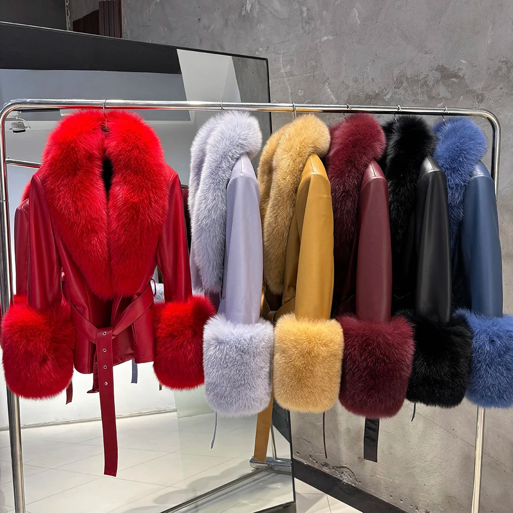 YOLOAgain Real Fox Fur Collar Genuine Leather Jacket Women