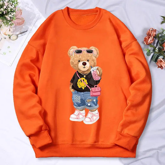 Bear Sister Drinking Milk Tea Printing Women'S Hoody Autumn Warm Fleece Sweatshirt Casual Hoodies Hip Hop Loose Pullovers Top
