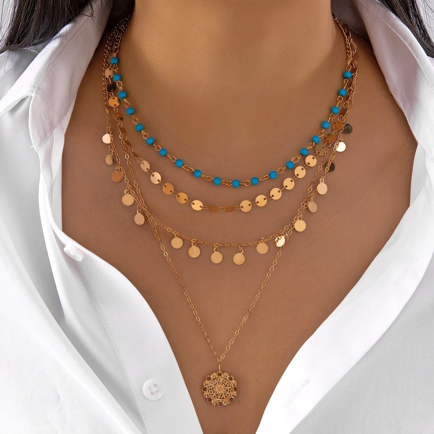 Classic Pendant Necklace for Women Micro Zircon Turkish Lucky Evil Eyes Palm Cross Pearl Multilayer Metal Chain Choker Jewelry