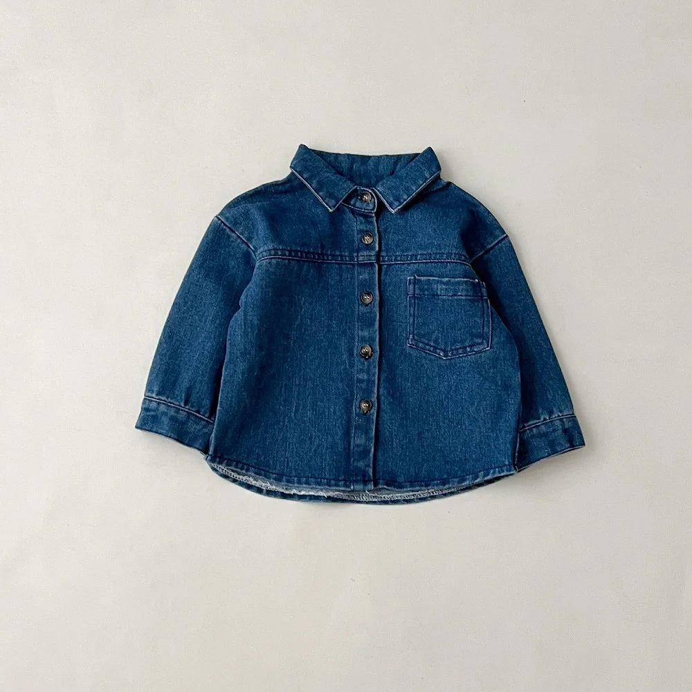 Baby clothes 2025 new children's solid color long sleeved denim set, boys and girls cardigan long pants casual sports two-piece
