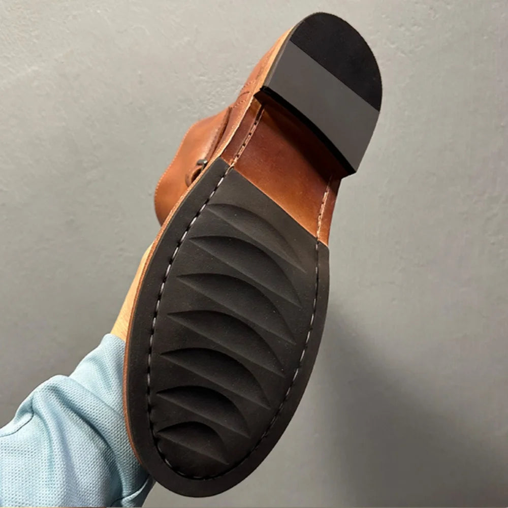 Handmade horsehide casual ankle boots Chelsea boots for men genuine leather sole adjustable strap decoration zip business style