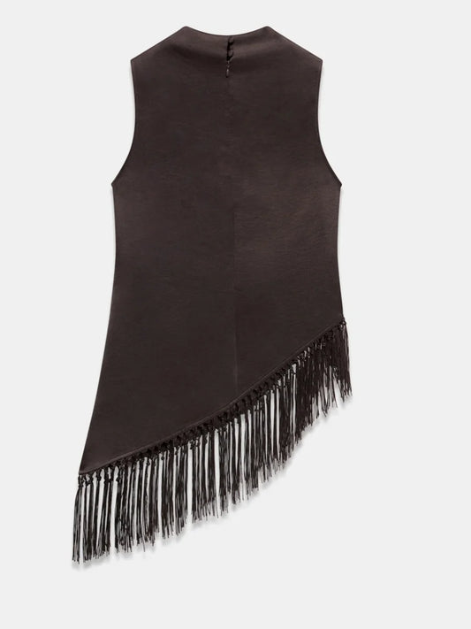 Women's Summer Tassel Hem Vest Brown Sleeveless Solid Color High Neck Long Tank Tops