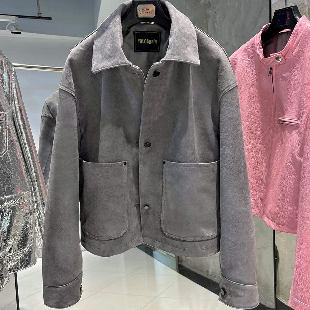 YOLOAgain Women's Real Leather Jacket Single Breasted Oversized Suede Sheepskin Coat Outerwear