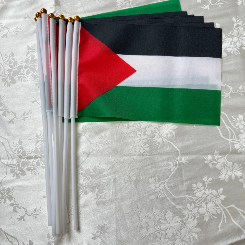 Palestine Flag 14x21cm Portable Hand Waving Palestinian Banner Polyester Fade-Resistance Plastic Flagpole for Events
