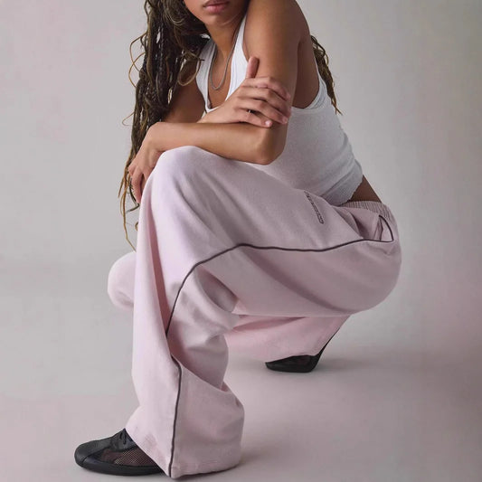 Pantalones Casuales New Pink Embroidered Casual Pants For Women Loose And Comfortable Straight Elastic Waist Trousers 2025 New