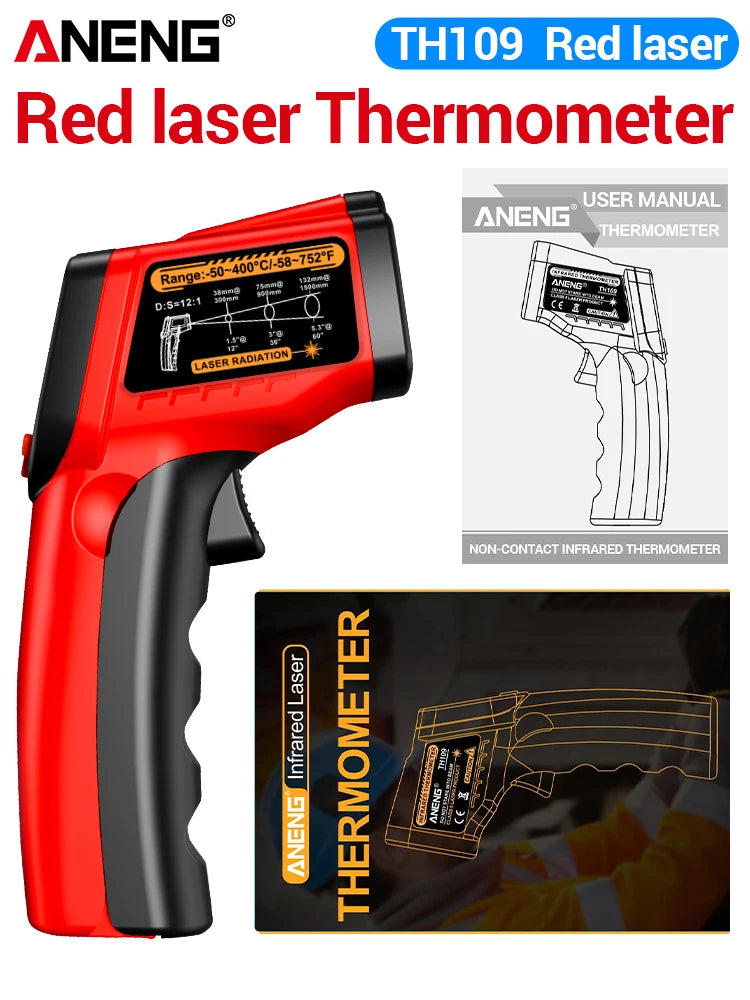 ANENG TH109 Thermometer IR Infrared Laser Industrial Temperature Measure Tester Non-Contact Thermometer Pyrometer Meter Tools