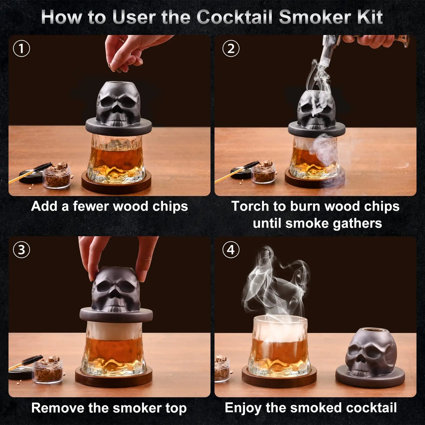 Ceramics Whiskey Smoker Kit Skull-Shaped Smoke Infuser Old Fashioned Cocktail Smoker Kit With Fruity Wood Chips Kitchen Bar Tool