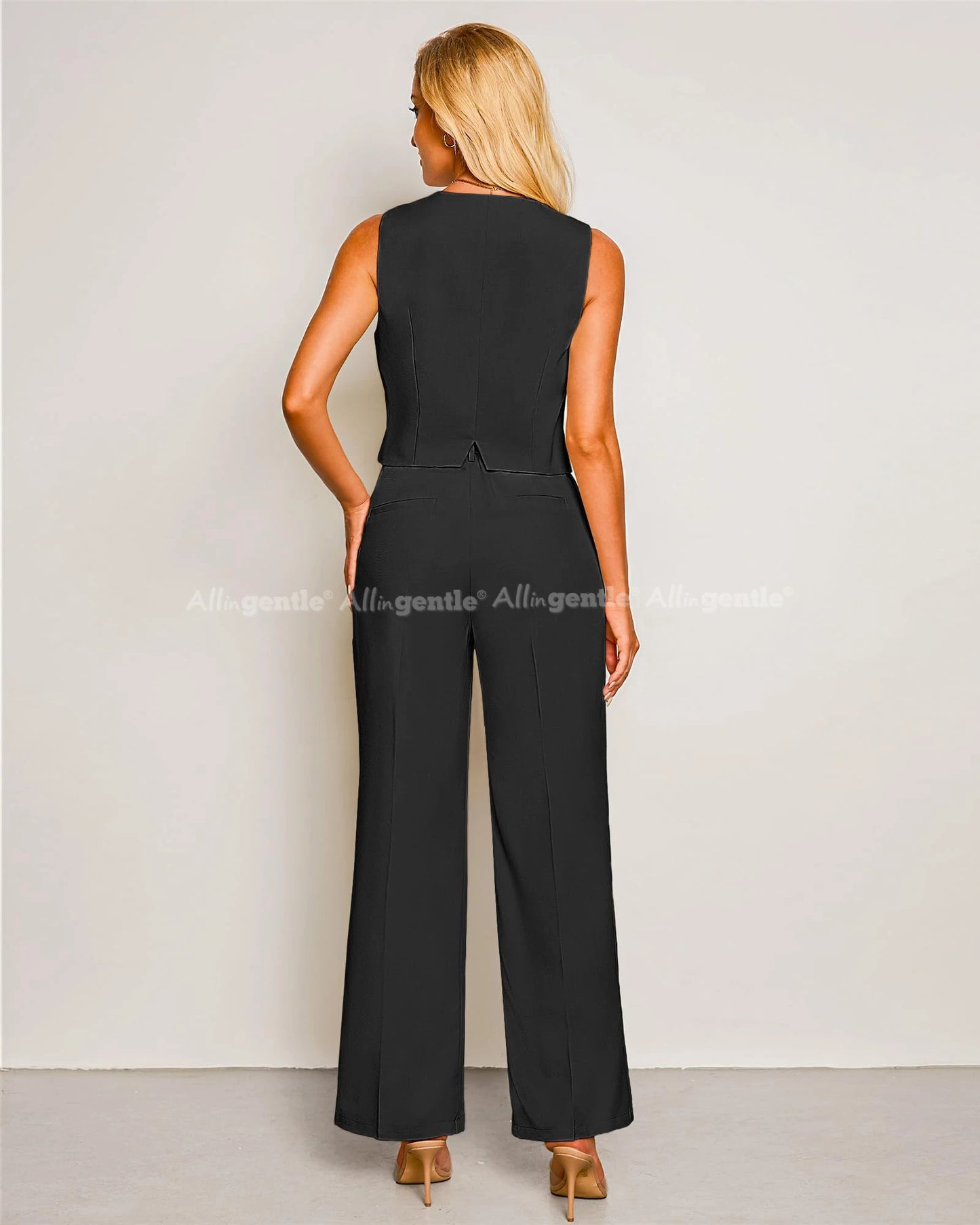 Pant Suits for Women Dressy Casual 2 Piece Sets Sleeveless Blazer Vest with High Rise Wide Leg Pants Outfit
