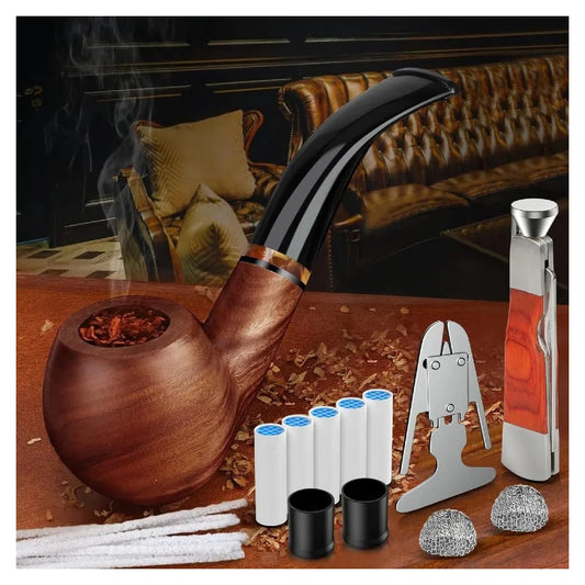 Tobacco Pipe Set Handmade Wood Smoking Pipe with Accessories and Gift Box