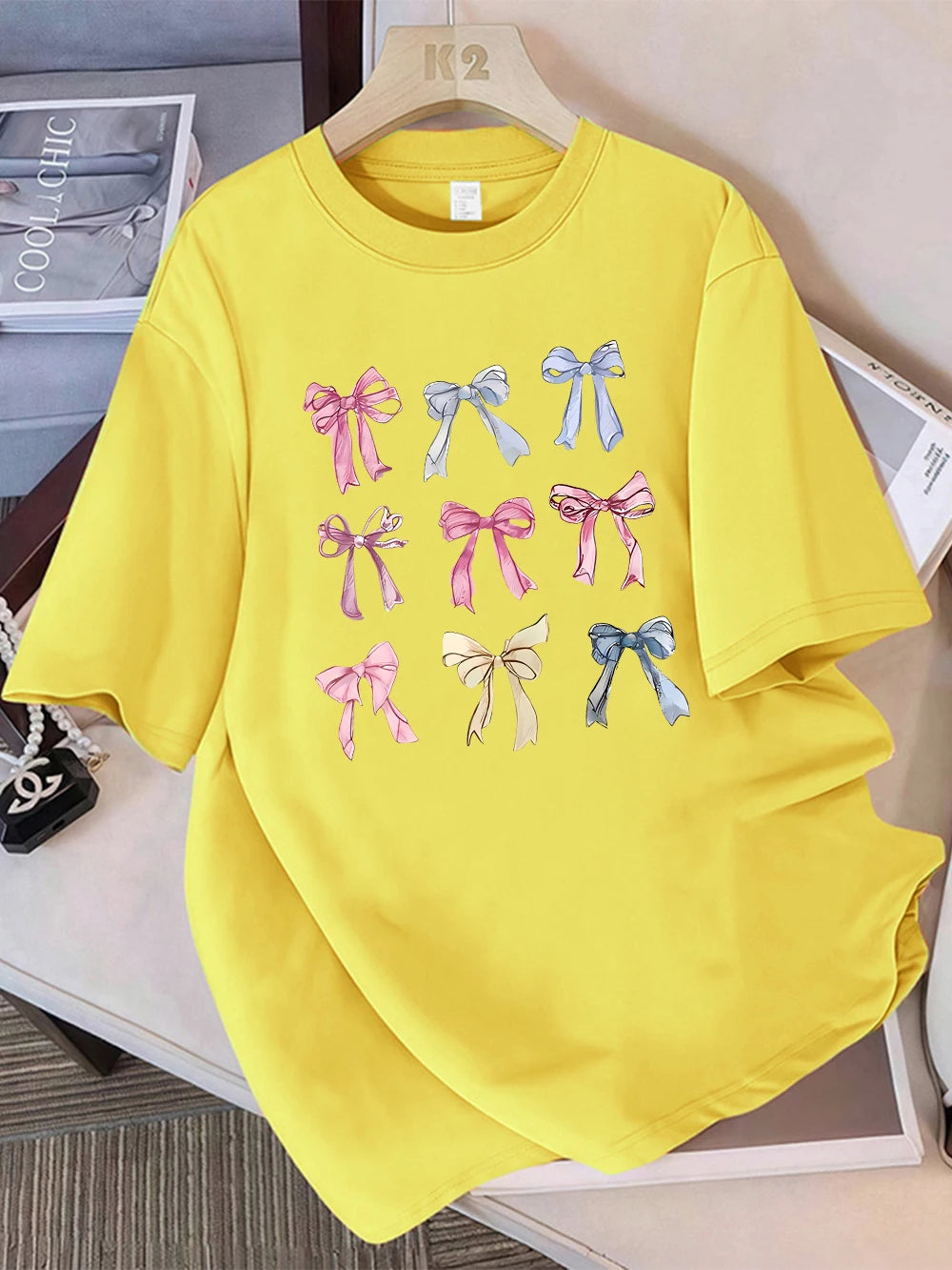 Summer T-Shirts Cotton Womens Colorful Bow Tie Printing Short Sleeve Comfortable Soft O-Neck Tops Holiday Casual Womans Clothes
