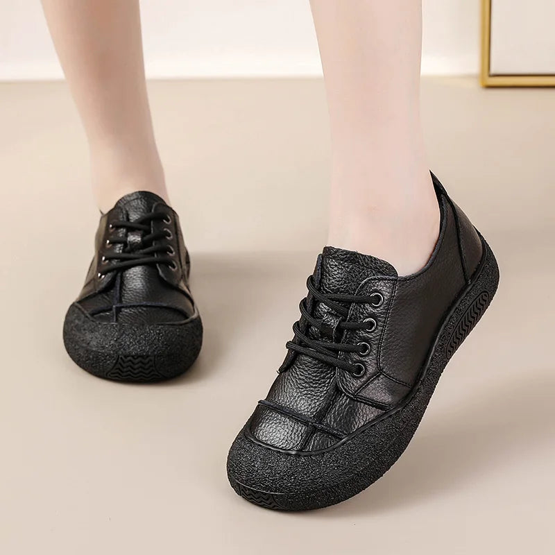 Genuine leather shoes for wide feet ladies lace up flats woman casual daily shoes handmade soft moccasins women's loafers