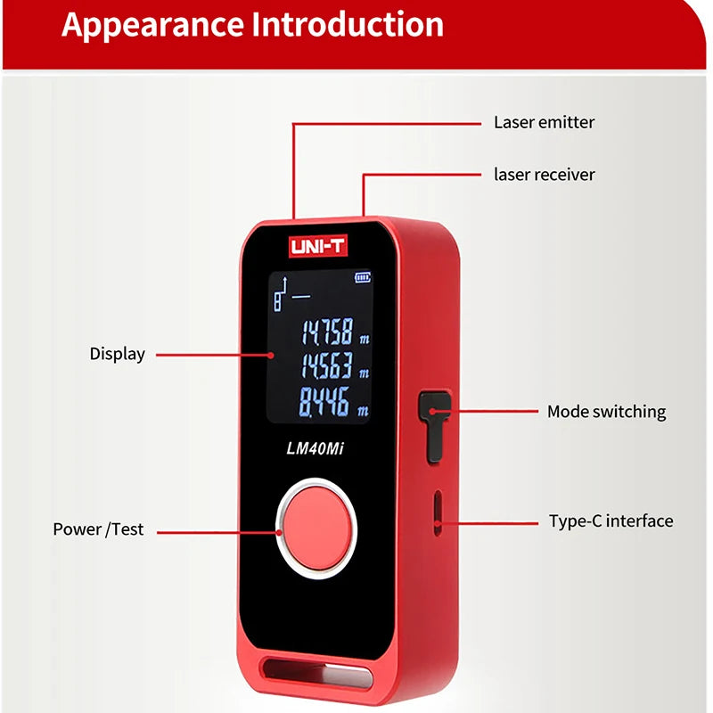 UNI-T Mini Laser Distance Meter 40m 60m Range Finder LED Display Digital Tape Measure Rechargeable Handheld Rangefinder