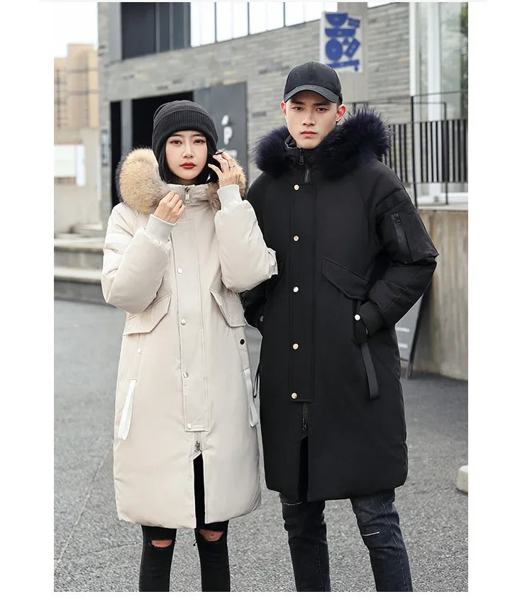 New Winter Down Jacket Men's Couple Fashion Big Fur Collar Medium and Long Youth Pie To Overcome Warmth and Thickening Tide
