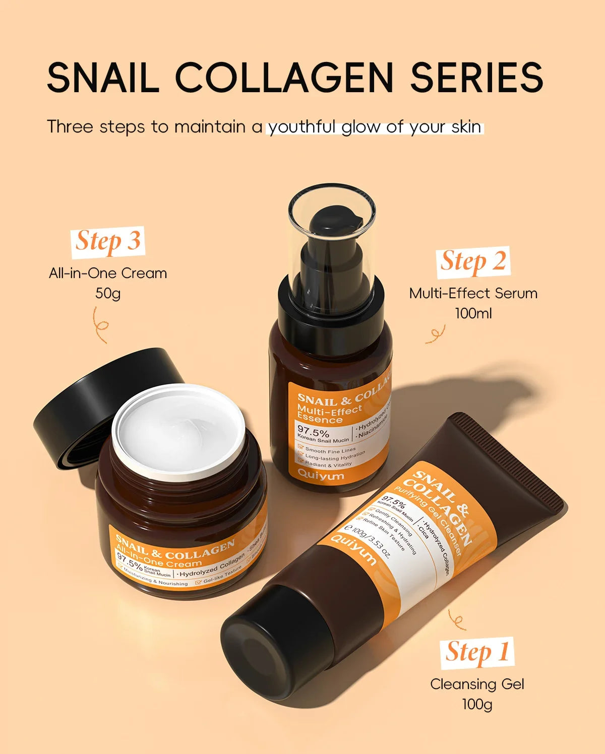 Quiyum 3 Step Set 97.5% Snail Mucin Collagen Hydrating Glowing Skin Korean Skincare