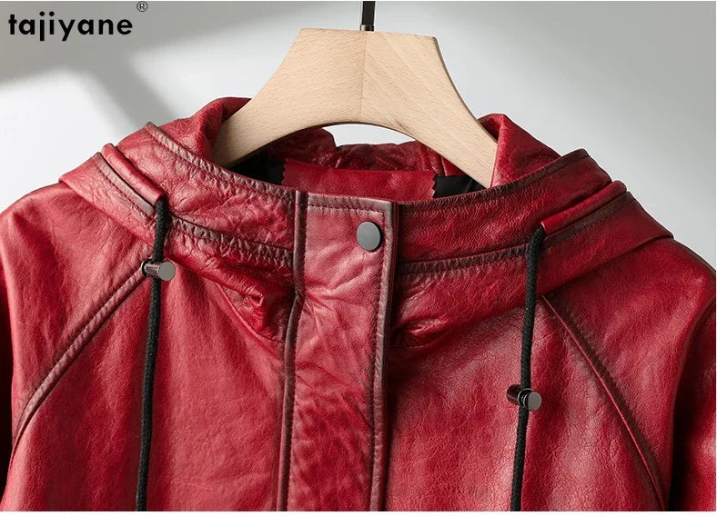 Tajiyane 100% Real Leather Jacket Women Autumn Winter Hooded Vintage Genuine Sheepskin Coat Mid-length Fashion Jaqueta Feminina