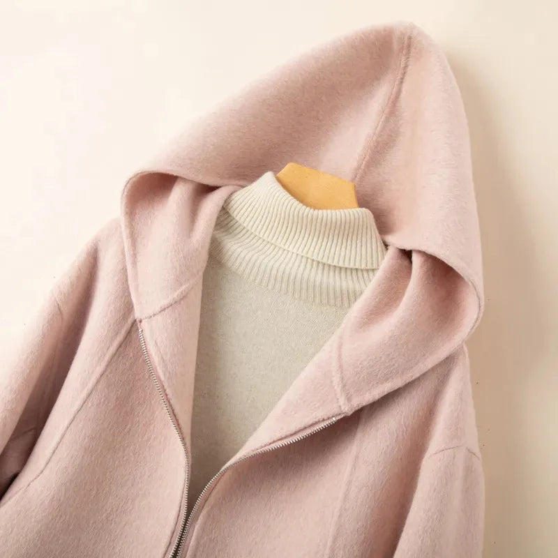 Elegant Woolen Coat Woman 2025 Winter New Fashion Pink Hooded Short Zipper Double-Sided Wool Jacket Ladies Slim Outerwear B810