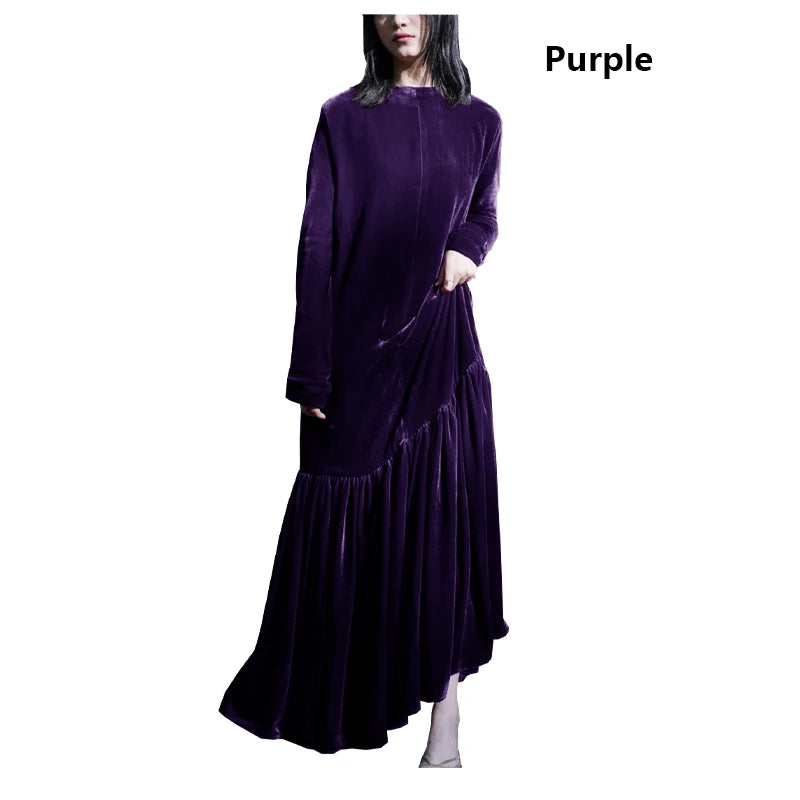 Light Luxury Natural Silk Velvet Women's Dress  Long Sleeve Long Floor-length Dress Temperament Elegant Casual Spring Autumn