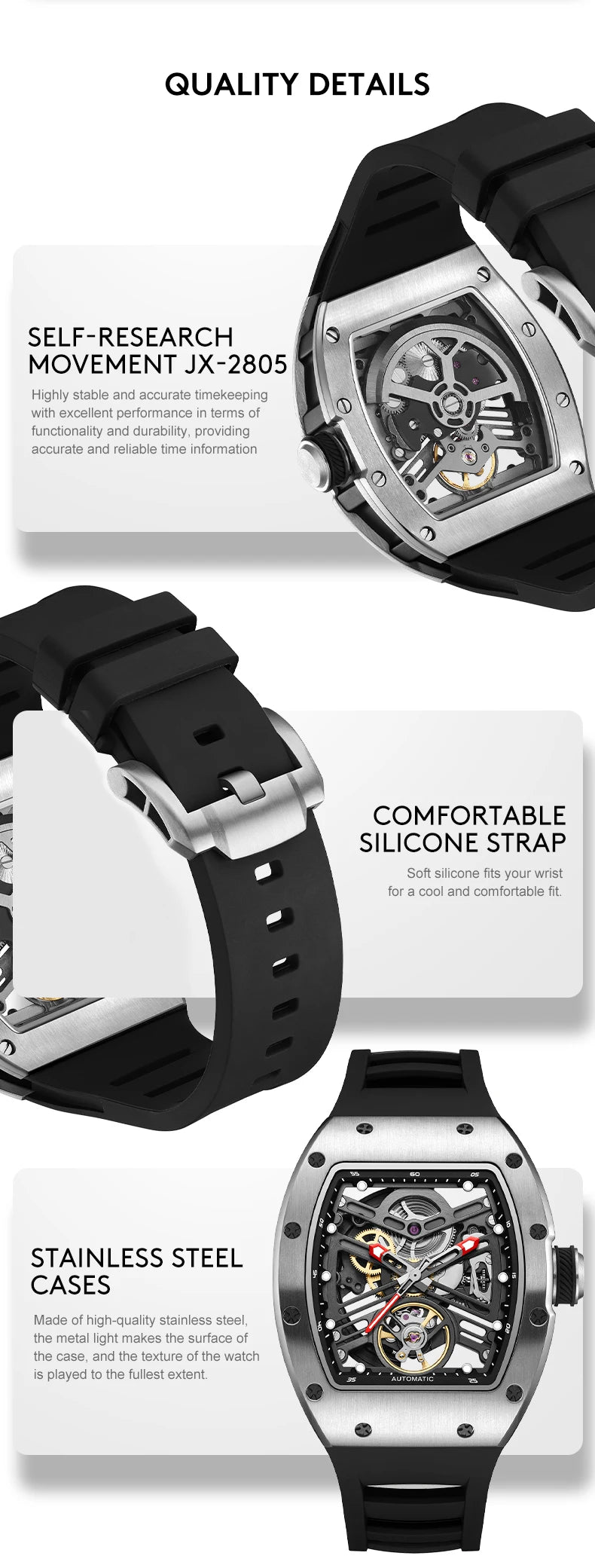 Automatic mechanical watch outdoors simple luxury watches waterproof wholesale skeleton leather mens watch gift