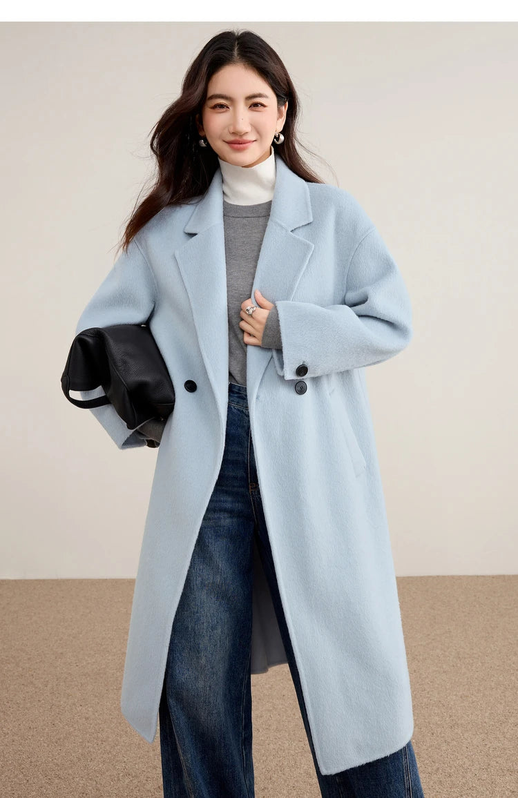 SENTUBILA Women's 100% Wool Double-Faced Coat Winter 2025 Suit Lapel Collar Classic Commuter Style Long Overcoat W54OA8779