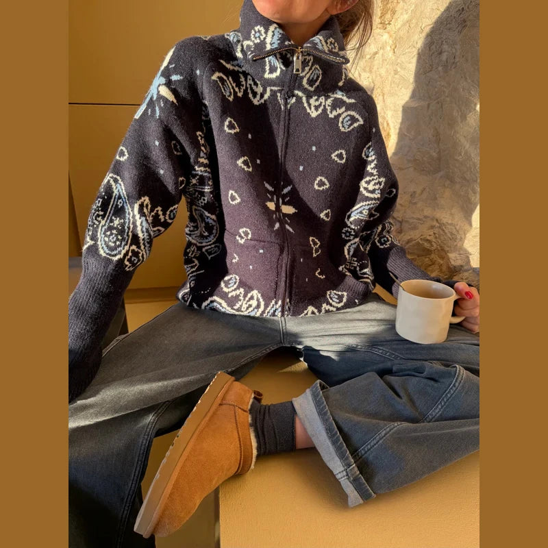 Jacquard Knitted Women's Cardigan Sweater Fashion Zipper Loose Pocket Casual Lady Sweaters 2026 Spring Street Long Sleeve Top