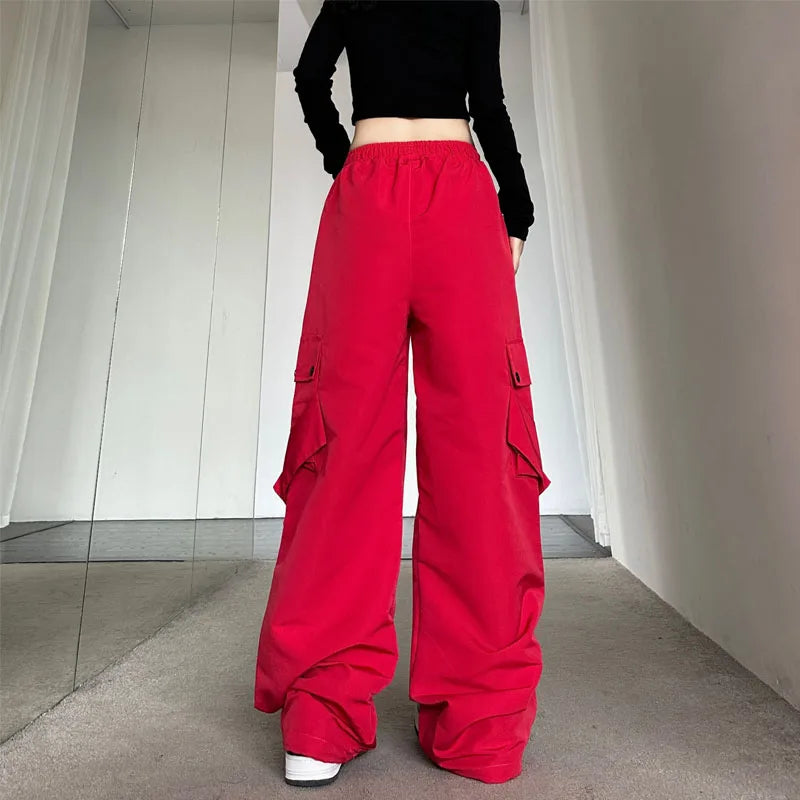 American High Street Workwear Casual Pants Women Loose Color Block Straight Leg Long Pants Pocket High Waist Wide Leg Trousers