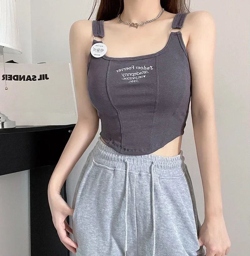 Women Summer Tops Sexy Camisole Square Collar Tank Top Y2k Slveless Female Crop Tops With Pad Fashion Vest Embroidery Letter