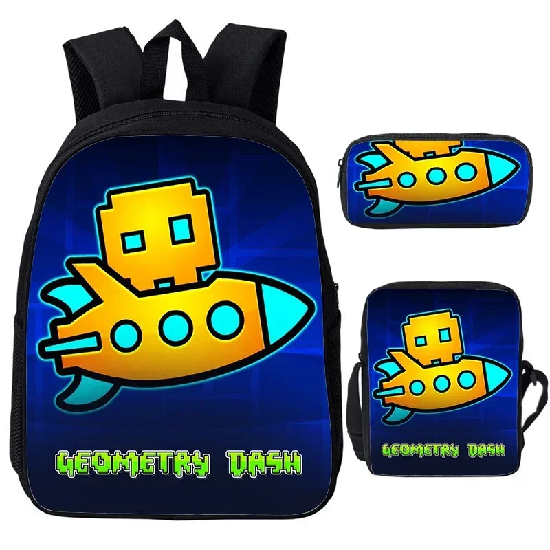 Large Capacity Bookbag 3pcs Set Boys Girls School Bags Angry Geometry Dash Cartoon Print Children Backpack Back To School Gifts