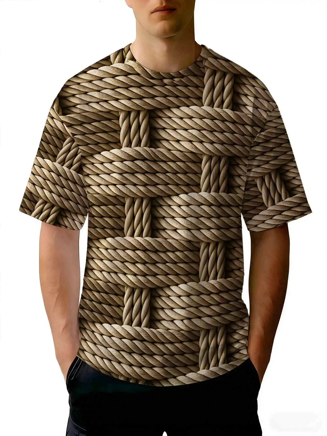 2026 new printed T-shirt  Men's Retro Woven Rope Print Casual T-Shirts Trendy Texture Loose Crewneck Tees